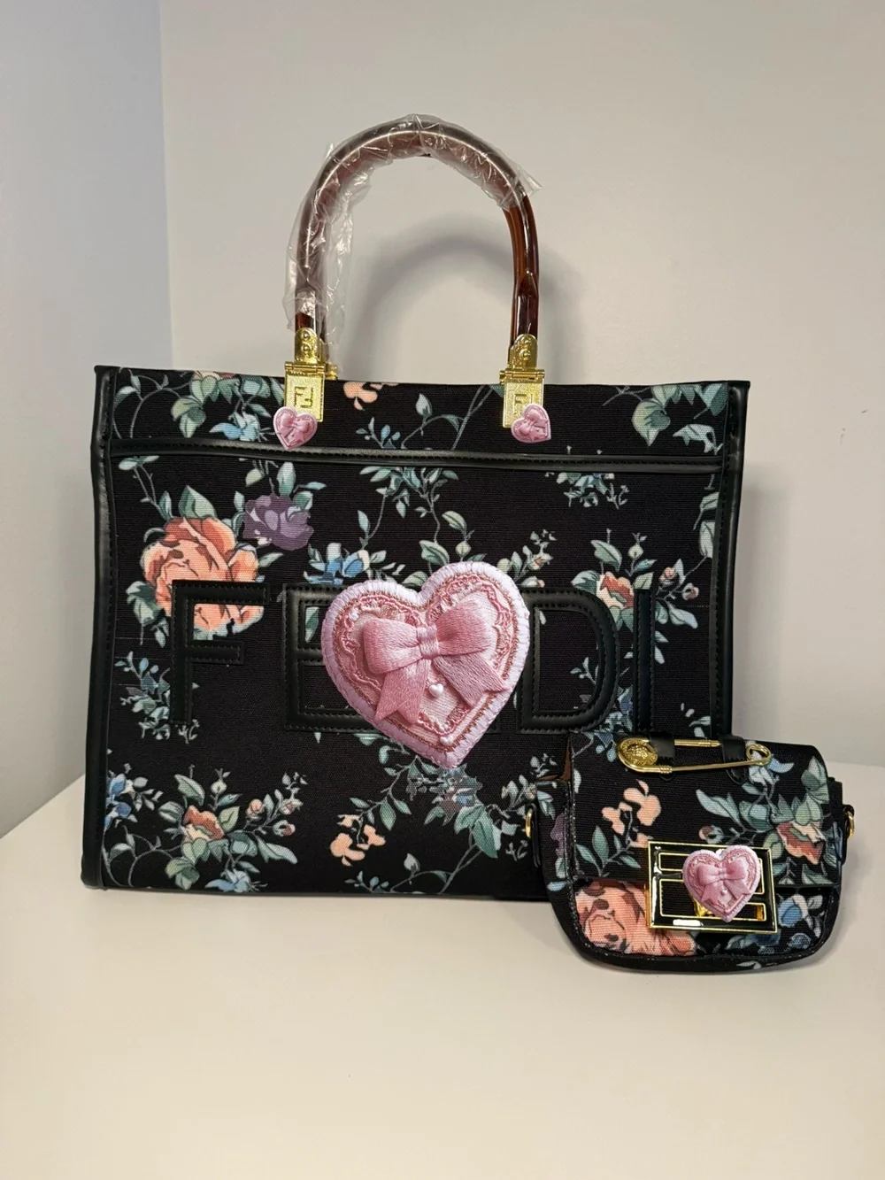 Floral Print Black Tote Bag with Brown Top Handles